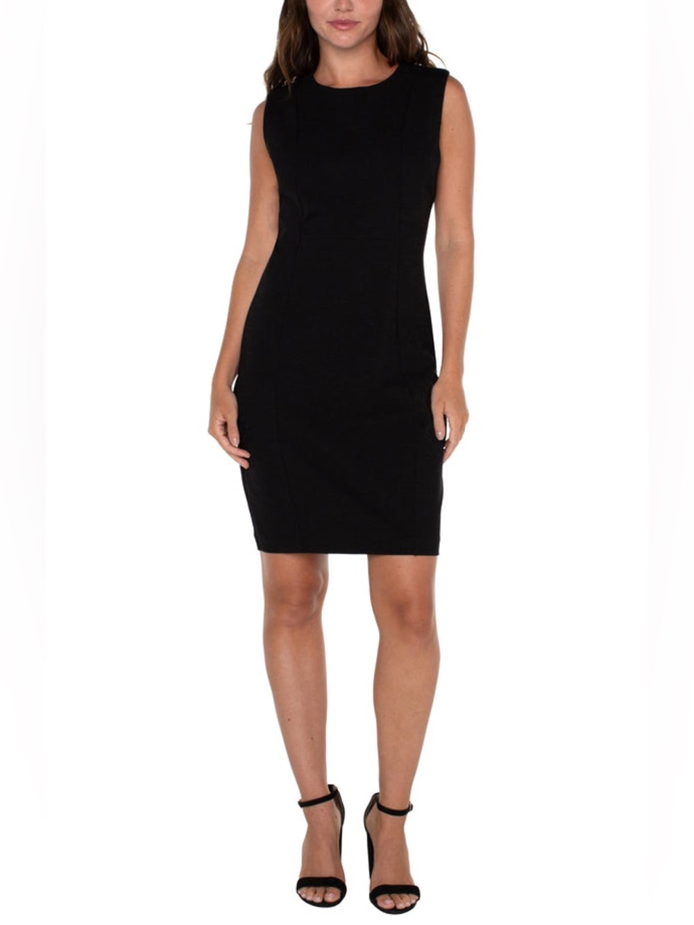 NWT. Liverpool. Black Ponte Knit Sleeveless Sheath Dress. Size 12.